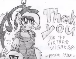 Size: 1936x1504 | Tagged: safe, artist:petanoprime, derpibooru import, oc, oc:electric sketch, unofficial characters only, pegasus, pony, clothes, collar, female, freckles, grayscale, happy birthday, hat, hoodie, mare, monochrome, onomatopoeia, party hat, party horn, pegasus oc, signature, solo, tail wag, text, traditional art, wings