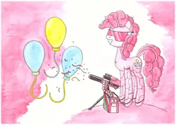 Size: 1280x906 | Tagged: safe, artist:zocidem, derpibooru import, pinkie pie, cyborg, earth pony, pony, augmented, crossover, deus ex, drawing, female, mare, party cannon, simple background, solo, technology, traditional art, visor, weapon