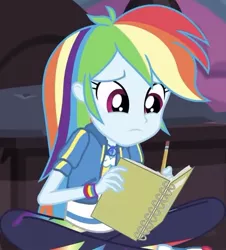 Size: 655x723 | Tagged: safe, derpibooru import, screencap, rainbow dash, equestria girls, equestria girls series, the finals countdown, cropped, cute, dashabetes, geode of super speed, magical geodes, notebook, pencil, solo