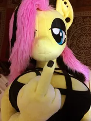 Size: 1224x1632 | Tagged: anthro, anthro plushie, artist:qtpony, breasts, clothes, derpibooru import, dress, ear piercing, eyeshadow, fluttergoth, fluttershy, goth, irl, makeup, middle finger, photo, piercing, plushie, safe, solo, vulgar