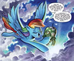 Size: 999x826 | Tagged: safe, artist:andypriceart, derpibooru import, idw, rainbow dash, tank, pegasus, pony, tortoise, spoiler:comic, spoiler:comic41, cloud, duo, female, flying, mare, sky, speech bubble, spread wings, sun, wings