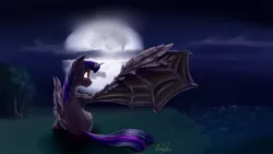Size: 3840x2160 | Tagged: semi-grimdark, artist:archonix, derpibooru import, twilight sparkle, twilight sparkle (alicorn), alicorn, pony, vampire, backlighting, bat wings, facing away, fangs, female, mare, moon, moonlight, night, outstretched wings, sitting, solo, wings