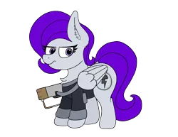 Size: 3000x2312 | Tagged: safe, artist:aaathebap, derpibooru import, oc, oc:morning glory (project horizons), unofficial characters only, pegasus, pony, fallout equestria, fallout equestria: project horizons, fanfic, brand, cute, dashite, dashite brand, fallout, fanfic art, female, hooves, laser, laser rifle, mare, png, simple background, solo, standing, transparent background, unamused, wings