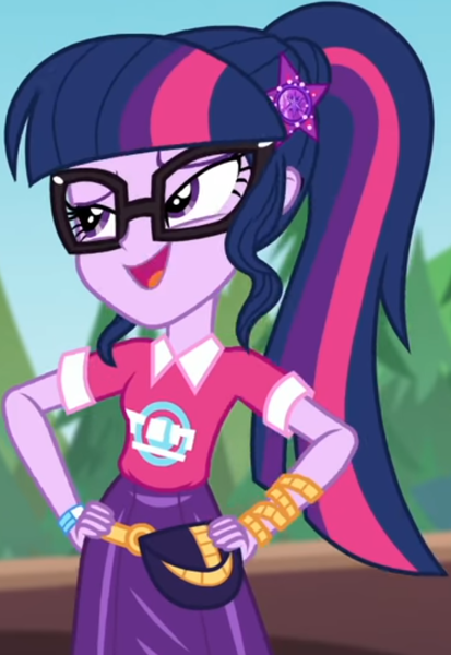 Size: 537x780 | Tagged: safe, derpibooru import, screencap, sci-twi, twilight sparkle, equestria girls, equestria girls series, sunset's backstage pass!, spoiler:eqg series (season 2), clothes, collar, cropped, cute, female, forest, forest background, geode of telekinesis, glasses, hairclip, hands on hip, lidded eyes, logo, magical geodes, music festival outfit, ponytail, pouch, shirt, short sleeves, skirt, smiling, wrist wraps