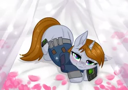 Size: 3465x2454 | Tagged: safe, artist:rioshi, artist:sparkling_light, artist:starshade, derpibooru import, part of a set, oc, oc:littlepip, unofficial characters only, pony, unicorn, fallout equestria, fanfic, base used, bed, bedroom eyes, blushing, clothes, commission, cute, cutie mark, face down ass up, fanfic art, female, flower petals, hooves, horn, looking at you, mare, pipbuck, smiling, solo, vault suit, ych result