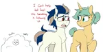 Size: 1327x668 | Tagged: safe, artist:redxbacon, derpibooru import, oc, oc:lemon lime (ender), oc:sub-base ensemble, unnamed oc, unofficial characters only, earth pony, pony, unicorn, bush, concerned, following, hiding in bushes, image, looking at each other, png, stalker, stalking