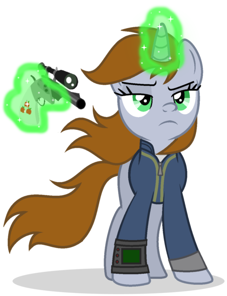 Size: 1084x1414 | Tagged: safe, artist:mlptmntdisneykauane, artist:sailorrainbowyt, derpibooru import, oc, oc:littlepip, unofficial characters only, pony, unicorn, fallout equestria, fanfic, badass, base used, clothes, fanfic art, female, glowing horn, gun, handgun, hooves, horn, levitation, little macintosh, magic, mare, optical sight, pipbuck, revolver, show accurate, simple background, solo, telekinesis, transparent background, vault suit, vector, weapon