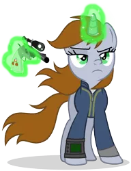 Size: 1084x1414 | Tagged: safe, artist:mlptmntdisneykauane, artist:sailorrainbowyt, derpibooru import, oc, oc:littlepip, unofficial characters only, pony, unicorn, fallout equestria, fanfic, badass, base used, clothes, fanfic art, female, glowing horn, gun, handgun, hooves, horn, levitation, little macintosh, magic, mare, optical sight, pipbuck, revolver, show accurate, simple background, solo, telekinesis, transparent background, vault suit, vector, weapon