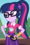 Size: 530x797 | Tagged: safe, derpibooru import, screencap, sci-twi, twilight sparkle, equestria girls, equestria girls series, sunset's backstage pass!, spoiler:eqg series (season 2), clothes, collar, cropped, cute, female, forest, geode of fauna, glasses, hairclip, hands on hip, lidded eyes, logo, magical geodes, music festival outfit, ponytail, pouch, shirt, short sleeves, skirt, smiling, wrist wraps