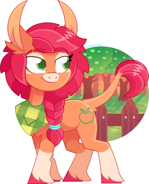 Size: 1275x1570 | Tagged: safe, alternate version, artist:amberpone, derpibooru import, applejack, hybrid, mule, pony, spoiler:g5, alternate design, apple, applejack (g5), big ears, braid, digital art, eyebrows, female, food, g5, green eyes, long mane, looking back, mare, orchard, paint tool sai, redesign, simple background, smiling, solo, tall, transparent background, unshorn fetlocks