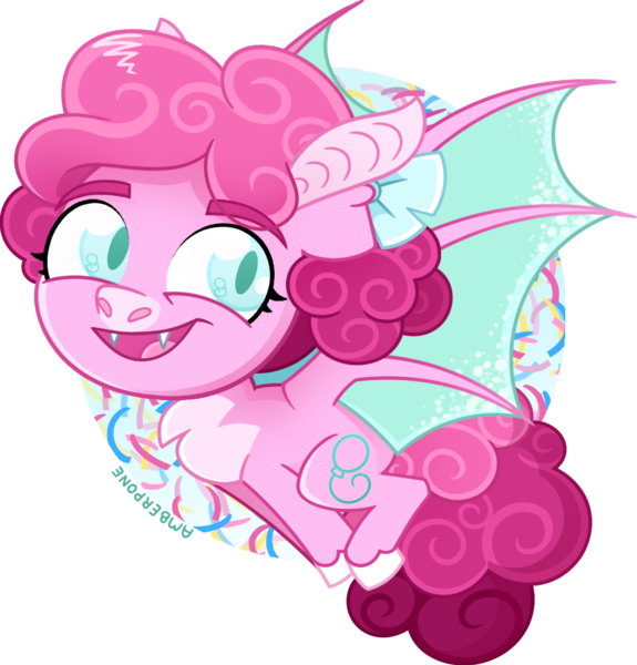 Size: 1021x1065 | Tagged: safe, alternate version, artist:amberpone, derpibooru import, pinkie pie, bat pony, pony, alternate design, bat wings, blue eyes, chest fluff, chibi, cute, digital art, eyebrows, fangs, female, flying, g5, happy, looking at you, mare, paint tool sai, pigtails, pink, pinkie pie (g5), redesign, ribbon, simple background, solo, transparent background, unshorn fetlocks, wings