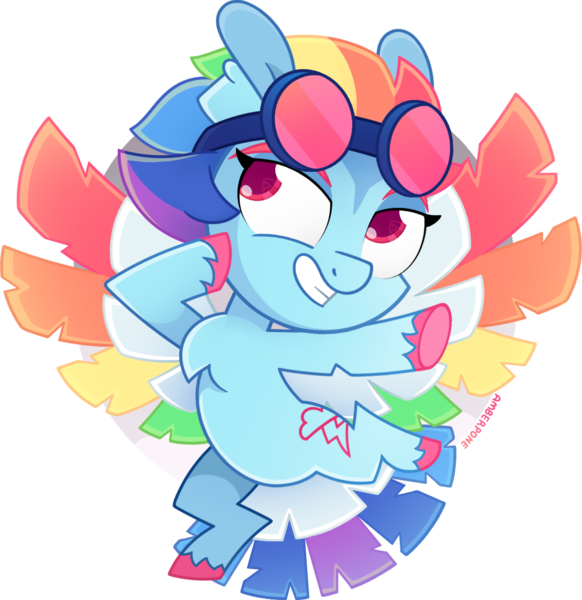 Size: 1112x1146 | Tagged: safe, alternate version, artist:amberpone, derpibooru import, rainbow dash, pegasus, pony, spoiler:g5, alternate design, bird tail, chest fluff, colored wings, colorful, cute, digital art, eyebrows, female, flying, g5, goggles, looking at you, mare, multicolored hair, multicolored wings, paint tool sai, pink eyes, rainbow, rainbow dash (g5), rainbow wings, redesign, short mane, simple background, smiling, solo, transparent background, unshorn fetlocks, wings