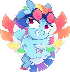 Size: 1112x1146 | Tagged: safe, alternate version, artist:amberpone, derpibooru import, rainbow dash, pegasus, pony, spoiler:g5, alternate design, bird tail, chest fluff, colored wings, colorful, cute, digital art, eyebrows, female, flying, g5, goggles, looking at you, mare, multicolored hair, multicolored wings, paint tool sai, pink eyes, rainbow, rainbow dash (g5), rainbow wings, redesign, short mane, simple background, smiling, solo, transparent background, unshorn fetlocks, wings