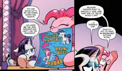 Size: 999x582 | Tagged: safe, artist:andypriceart, derpibooru import, idw, pinkie pie, rarity, earth pony, pony, unicorn, spoiler:comic, spoiler:comic42, comic, cropped, duo, female, mare, mouth hold, official comic, speech bubble