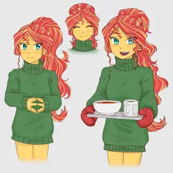 Size: 3582x3582 | Tagged: safe, artist:dragonemperror2810, derpibooru import, sunset shimmer, human, equestria girls, anime, bottomless, clothes, coffee, cup, cute, eye clipping through hair, eyes closed, female, food, high res, open mouth, oven mitts, partial nudity, shimmerbetes, simple background, solo, soup, sweater, tray, white background, winter