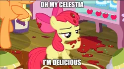 Size: 888x499 | Tagged: safe, derpibooru import, edit, edited screencap, screencap, apple bloom, applejack, earth pony, pony, somepony to watch over me, caption, cropped, cute, female, filly, image macro, licking, mare, meme, messy, solo focus, text, tongue out