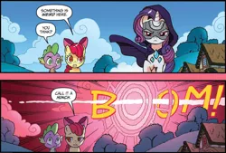 Size: 918x620 | Tagged: safe, artist:tonyfleecs, derpibooru import, idw, apple bloom, rarity, spike, dragon, earth pony, pony, unicorn, ponies of dark water, spoiler:comic, spoiler:comic43, cloak, clothes, comic, cropped, doctor doomity, female, filly, foal, hood, male, mare, mask, official comic, sonic rainboom, speech bubble