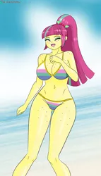 Size: 742x1300 | Tagged: suggestive, artist:chuyryu, derpibooru import, sour sweet, equestria girls, beach, bikini, body freckles, boob freckles, breasts, busty sour sweet, chest freckles, cleavage, clothes, female, freckles, hips, laughing, legs, ponytail, sexy, smiling, solo, solo female, striped swimsuit, stupid sexy sour sweet, swimsuit, thighs