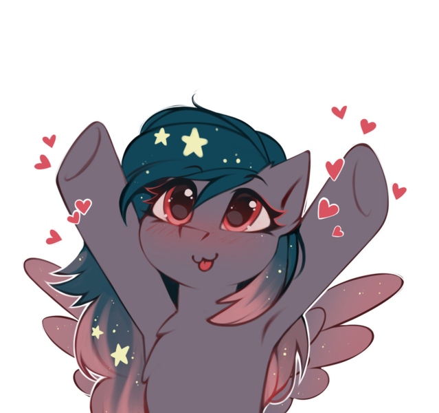 Size: 2649x2487 | Tagged: safe, alternate version, artist:share dast, derpibooru import, oc, oc:star universe, unofficial characters only, pegasus, pony, armpits, blushing, cute, ethereal mane, female, happy, heart, high res, hooves, hooves up, love, mare, ocbetes, open arms, silly, silly face, simple background, solo, spread wings, starry mane, tongue out, transparent background, upsies, white outline, wings