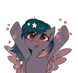 Size: 2649x2487 | Tagged: safe, alternate version, artist:share dast, derpibooru import, oc, oc:star universe, unofficial characters only, pegasus, pony, armpits, blushing, cute, ethereal mane, female, happy, heart, high res, hooves, hooves up, love, mare, ocbetes, open arms, silly, silly face, simple background, solo, spread wings, starry mane, tongue out, transparent background, upsies, white outline, wings