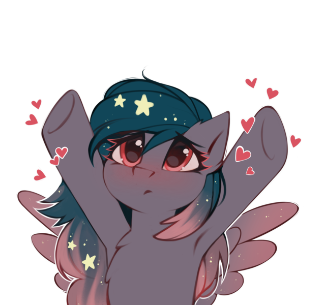 Size: 2649x2487 | Tagged: safe, alternate version, artist:share dast, derpibooru import, oc, oc:star universe, unofficial characters only, pegasus, pony, armpits, blushing, cute, ethereal mane, female, heart, high res, hooves, hooves up, love, mare, ocbetes, open arms, sad, simple background, solo, spread wings, starry mane, tongue out, transparent background, upsies, white outline, wings