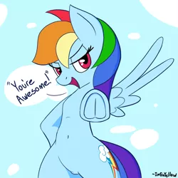 Size: 1100x1100 | Tagged: safe, artist:infrayellow, derpibooru import, rainbow dash, pegasus, pony, /mlp/, backwards cutie mark, belly button, bipedal, cute, dialogue, female, frog (hoof), hooves, lidded eyes, looking at you, mare, motivational, pointing at you, positive ponies, smiling, solo, underhoof, wide hips