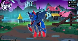 Size: 960x504 | Tagged: safe, derpibooru import, idw, princess luna, alicorn, pony, reflections, spoiler:comic, spoiler:comic19, spoiler:comic20, badass, castle, evil luna, facebook, female, fence, flower, gameloft, grass, house, idw showified, jewelry, looking at you, mare, moon, my little pony logo, raised hoof, regalia, solo, tree