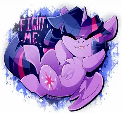 Size: 1705x1595 | Tagged: safe, artist:nekosnicker, derpibooru import, twilight sparkle, twilight sparkle (alicorn), alicorn, pony, :p, abstract background, chest fluff, cute, eye clipping through hair, eyes closed, female, fight me, mare, smug, smuglight sparkle, solo, teasing, tongue out, twiabetes