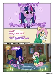 Size: 3114x4354 | Tagged: safe, artist:kumakum, derpibooru import, fluttershy, twilight sparkle, anthro, unguligrade anthro, comic:tentacle trouble, all fours, chalk, clothes, comic, cute, dialogue, fluttershy's cottage, kneeling, magic, magic circle, necktie, puppy dog eyes, skirt, summoning, summoning circle, sweater, sweatershy, this will end in demons, this will end in pain and/or tears and/or death, tongue out, twiabetes, vest