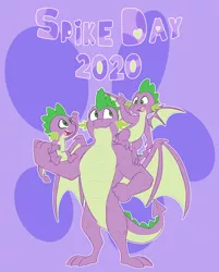Size: 3150x3923 | Tagged: safe, artist:chub-wub, derpibooru import, spike, dragon, the last problem, age progression, cute, gigachad spike, high res, male, muscles, older, older spike, open mouth, purple background, simple background, smiling, solo, spikabetes, spike day, time paradox, triality, winged spike