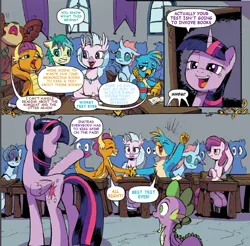 Size: 1112x1096 | Tagged: safe, artist:pencils, derpibooru import, edit, idw, gallus, ocellus, sandbar, silverstream, smolder, spike, twilight sparkle, twilight sparkle (alicorn), yona, alicorn, changeling, dragon, earth pony, gryphon, hippogriff, pony, yak, comic, dragoness, female, funny, gallspike, gay, male, mare, out of character, shipping, spolder, straight, student six, text edit, winged spike