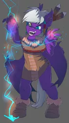 Size: 1080x1920 | Tagged: source needed, safe, artist:noben, derpibooru import, oc, oc:calla blossom, unofficial characters only, anthro, bat pony, boots, clothes, coat, elemental magic, heterochromia, lightning, lightning magic, male, shoes, solo, tribal