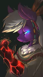 Size: 1080x1920 | Tagged: safe, artist:noben, derpibooru import, oc, oc:calla blossom, unofficial characters only, anthro, bat pony, bust, clothes, coat, elemental magic, fangs, glowing eyes, lava, male, solo, tribal