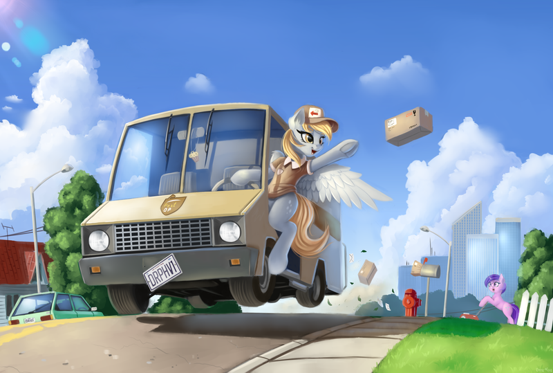 Size: 3048x2052 | Tagged: safe, artist:pony-way, derpibooru import, amethyst star, derpy hooves, pegasus, pony, unicorn, box, boxville, car, city, clothes, cloud, delivery, driving, female, food, frog (hoof), grand theft auto, gta v, lawn mower, mail, mailbox, mailmare, mailmare uniform, mare, muffin, package, parcel, post op, this will end in property damage, throwing, underhoof, uniform, van