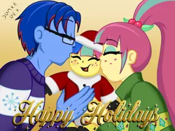 Size: 2000x1500 | Tagged: safe, artist:drake-rex, derpibooru import, sour sweet, oc, oc:citrus flare, oc:sparks, equestria girls, baby, canon x oc, christmas, clothes, costume, cute, eyes closed, family, female, freckles, glasses, happy, holiday, kiss on the cheek, kiss sandwich, kissing, male, momma sour sweet, offspring, parent:oc:sparks, parent:sour sweet, parents:canon x oc, parents:sourks, ponytail, santa costume, shipping, sourbetes, sourks, straight, sweater