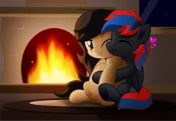 Size: 800x549 | Tagged: safe, artist:jhayarr23, derpibooru import, oc, oc:smooth walker, unofficial characters only, pegasus, pony, cuddling, female, fireplace, male, mare, stallion