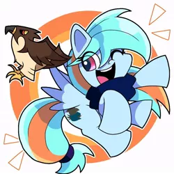 Size: 768x768 | Tagged: safe, artist:erufi, derpibooru import, oc, oc:hermanus, unofficial characters only, bird, hawk, pegasus, pony, my little pony: pony life, abstract background, clothes, female, flying, mare, one eye closed, open mouth, scarf, solo, spread wings, tailband, wings, wink