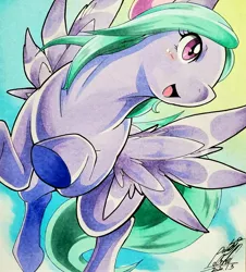 Size: 1850x2048 | Tagged: safe, artist:025aki, derpibooru import, flitter, pegasus, pony, female, flying, mare, signature, smiling, solo, spread wings, traditional art, underhoof, wings