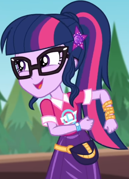 Size: 586x810 | Tagged: safe, derpibooru import, screencap, sci-twi, twilight sparkle, equestria girls, equestria girls series, sunset's backstage pass!, spoiler:eqg series (season 2), clothes, collar, cropped, cute, female, forest, forest background, geode of telekinesis, glasses, hairclip, lidded eyes, logo, magical geodes, music festival outfit, ponytail, pouch, shirt, short sleeves, skirt, smiling, wrist wraps