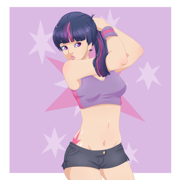 Size: 1000x1000 | Tagged: artist:camellia, clothes, cutie mark, cutie mark background, cutie mark on human, denim shorts, derpibooru import, human, humanized, safe, shorts, simple background, solo, sweatband, top, transparent background, twilight sparkle