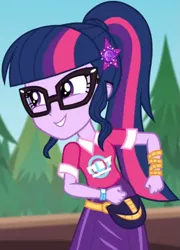 Size: 591x823 | Tagged: safe, derpibooru import, screencap, sci-twi, twilight sparkle, equestria girls, equestria girls series, sunset's backstage pass!, spoiler:eqg series (season 2), clothes, collar, cropped, female, forest, forest background, geode of telekinesis, glasses, hairclip, lidded eyes, magical geodes, music festival outfit, ponytail, pouch, shirt, short sleeves, skirt, smiling, wrist wraps