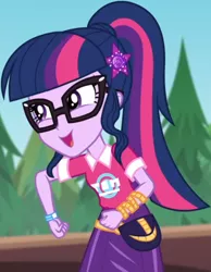 Size: 642x826 | Tagged: safe, derpibooru import, screencap, sci-twi, twilight sparkle, equestria girls, equestria girls series, sunset's backstage pass!, spoiler:eqg series (season 2), clothes, collar, cropped, cute, female, forest, forest background, geode of telekinesis, glasses, hairclip, lidded eyes, logo, magical geodes, music festival outfit, ponytail, pouch, shirt, short sleeves, skirt, smiling