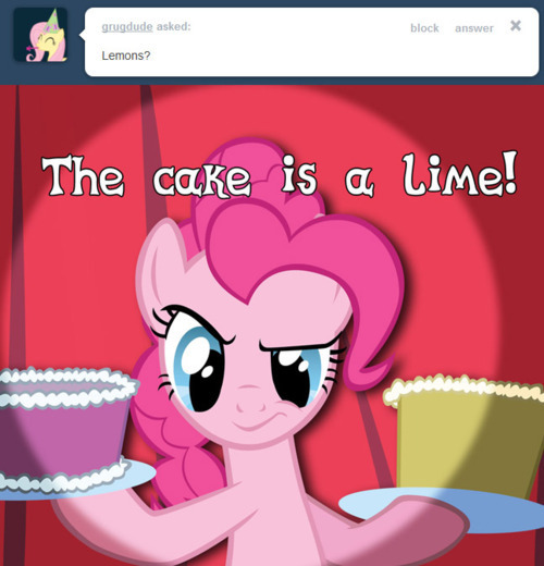 Size: 500x520 | Tagged: safe, artist:sircinnamon, derpibooru import, pinkie pie, pony, ask tickled pinkie, cake, food, portal (valve), solo, the cake is a lie