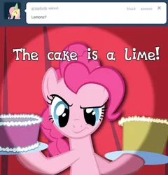 Size: 500x520 | Tagged: safe, artist:sircinnamon, derpibooru import, pinkie pie, pony, ask tickled pinkie, cake, food, portal (valve), solo, the cake is a lie