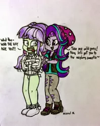 Size: 2301x2906 | Tagged: safe, artist:michaelmaddox222, deleted from derpibooru, derpibooru import, starlight, starlight glimmer, equestria girls, beanie, bondage, booties, clothes, colored, female, hat, namesake, pants, pencil drawing, scared, shoes, signature, straitjacket, traditional art