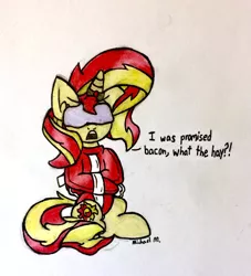 Size: 2068x2275 | Tagged: safe, artist:michaelmaddox222, deleted from derpibooru, derpibooru import, sunset shimmer, pony, unicorn, angry, blindfold, bondage, colored, female, floppy ears, horn, horn ring, magic suppression, pencil drawing, ring, signature, sitting, solo, straitjacket, traditional art