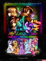 Size: 2160x2880 | Tagged: safe, artist:kindny-chan, artist:lupiarts, artist:robbieierubino, derpibooru import, applejack, fluttershy, pinkie pie, queen chrysalis, rainbow dash, rarity, starlight glimmer, sunset shimmer, twilight sparkle, twilight sparkle (alicorn), oc, oc:danny williams, oc:molly brunner, oc:morgan brunner, alicorn, anthro, changeling, draconequus, earth pony, human, pegasus, pony, unguligrade anthro, unicorn, fanfic:my little pony: the unexpected future, alicornified, amputee, artificial wings, augmented, draconequified, flutterequus, graphic design, haircut, hook, hook hand, mane six, missing eye, mohawk, movie poster, nebula, one eyed, poster, princess starlight glimmer, prosthetic limb, prosthetic wing, prosthetics, queen sunset shimmer, race swap, retro, retrowave, scar, shimmercorn, space, species swap, starlicorn, stars, wings, wrench, xk-class end-of-the-world scenario
