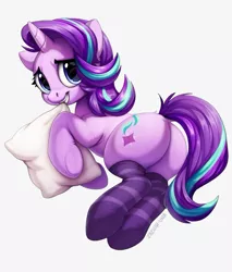 Size: 687x807 | Tagged: safe, artist:zazush-una, derpibooru import, starlight glimmer, pony, unicorn, biting, butt, clothes, cute, female, glimmer glutes, glimmerbetes, grin, looking at you, mare, nervous, nervous grin, pillow, pillow biting, plot, simple background, smiling, socks, solo, striped socks, white background