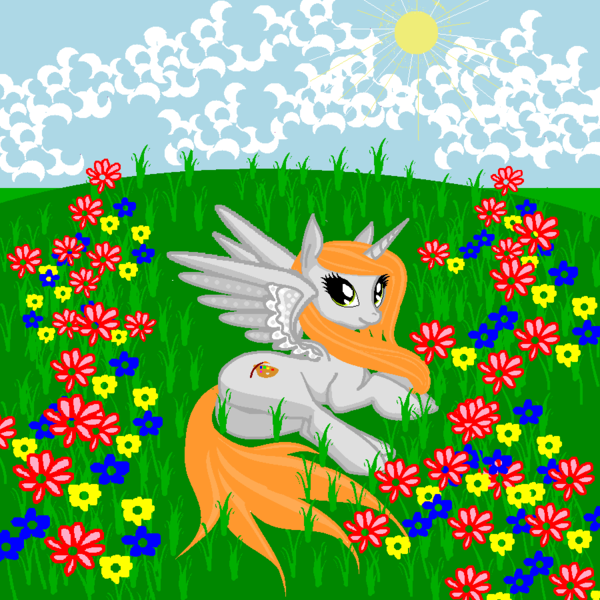 Size: 900x900 | Tagged: safe, artist:agdistis, artist:anonymous, derpibooru import, oc, oc:ginger peach, unofficial characters only, alicorn, pony, /mlp/, alicorn oc, butt, cloud, cute, drawthread, female, field, flower, grass, grass field, green eyes, horn, mare, ocbetes, orange hair, plot, side, sky, solo, sun, wings