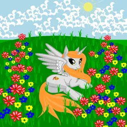 Size: 900x900 | Tagged: safe, artist:agdistis, artist:anonymous, derpibooru import, oc, oc:ginger peach, unofficial characters only, alicorn, pony, /mlp/, alicorn oc, butt, cloud, cute, drawthread, female, field, flower, grass, grass field, green eyes, horn, mare, ocbetes, orange hair, plot, side, sky, solo, sun, wings